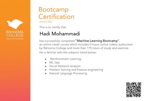Machine Learning Bootcamp certificate