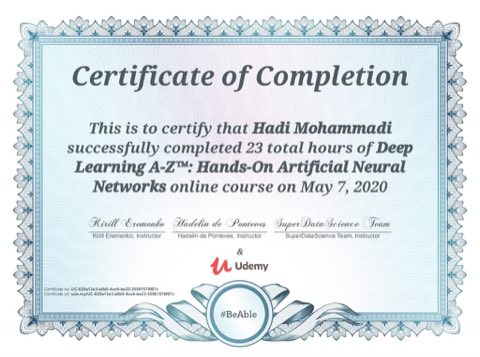 Deep Learning A-Z certificate