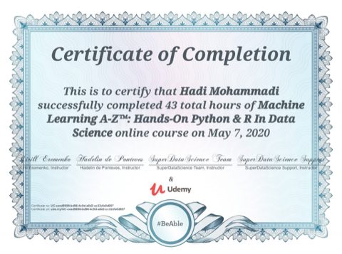 Machine Learning A-Z certificate
