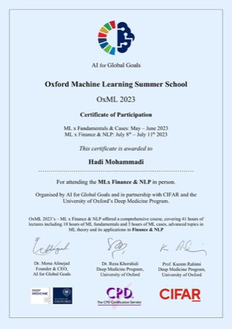 Oxford Machine Learning Summer School certificate