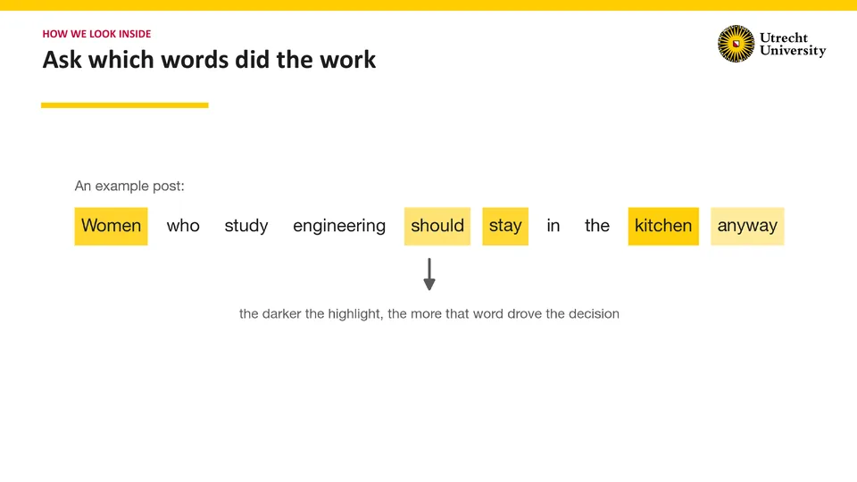 How we look inside: Ask which words did the work. An example post: Women who study engineering should stay in the kitchen anyway. Five words are highlighted in yellow, darkest on kitchen, then Women, stay and should, lightest on anyway. An arrow points to: the darker the highlight, the more that word drove the decision.
